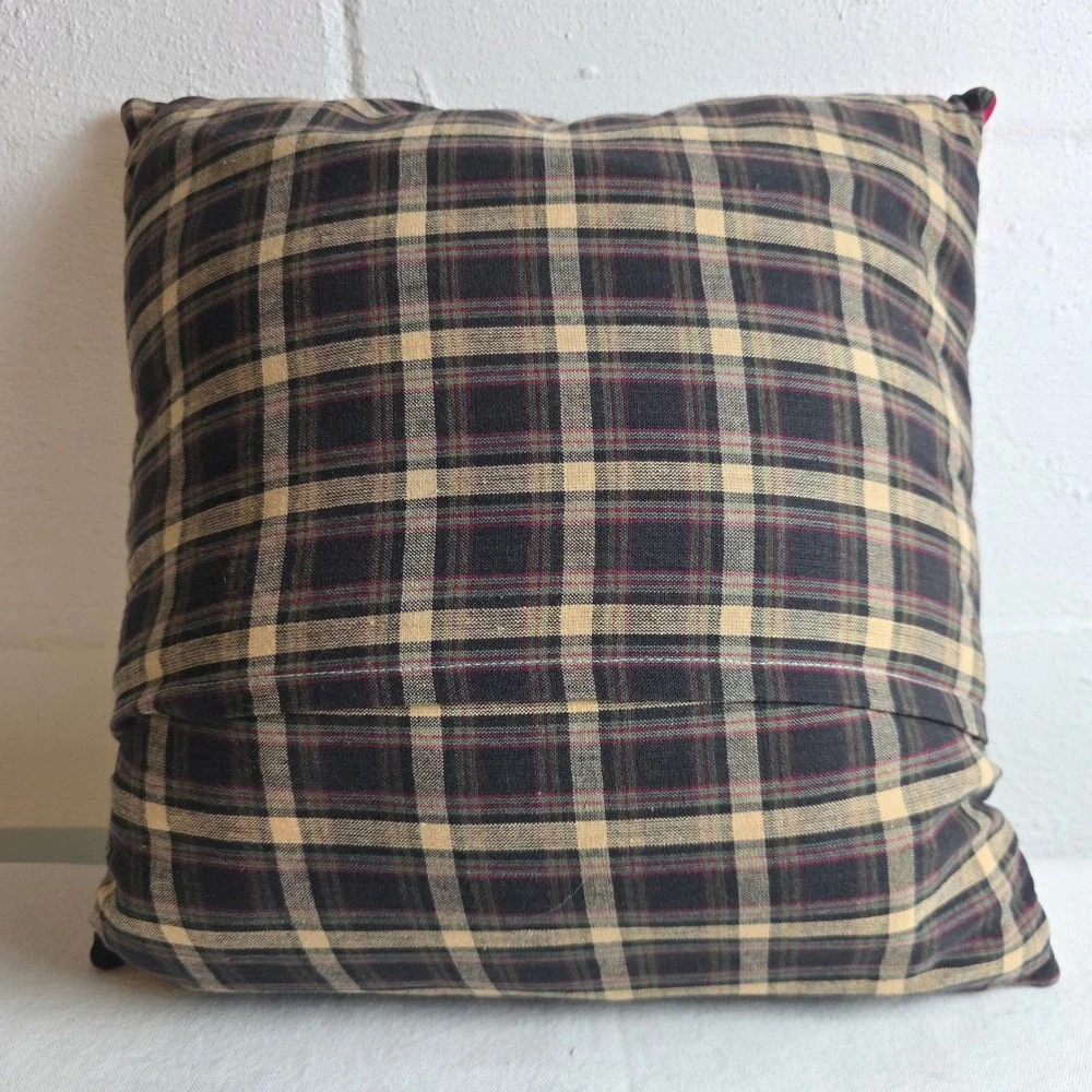 Hand Embroidered Patchwork Plaid Decorative Pillow Rustic Cabin at the Lake